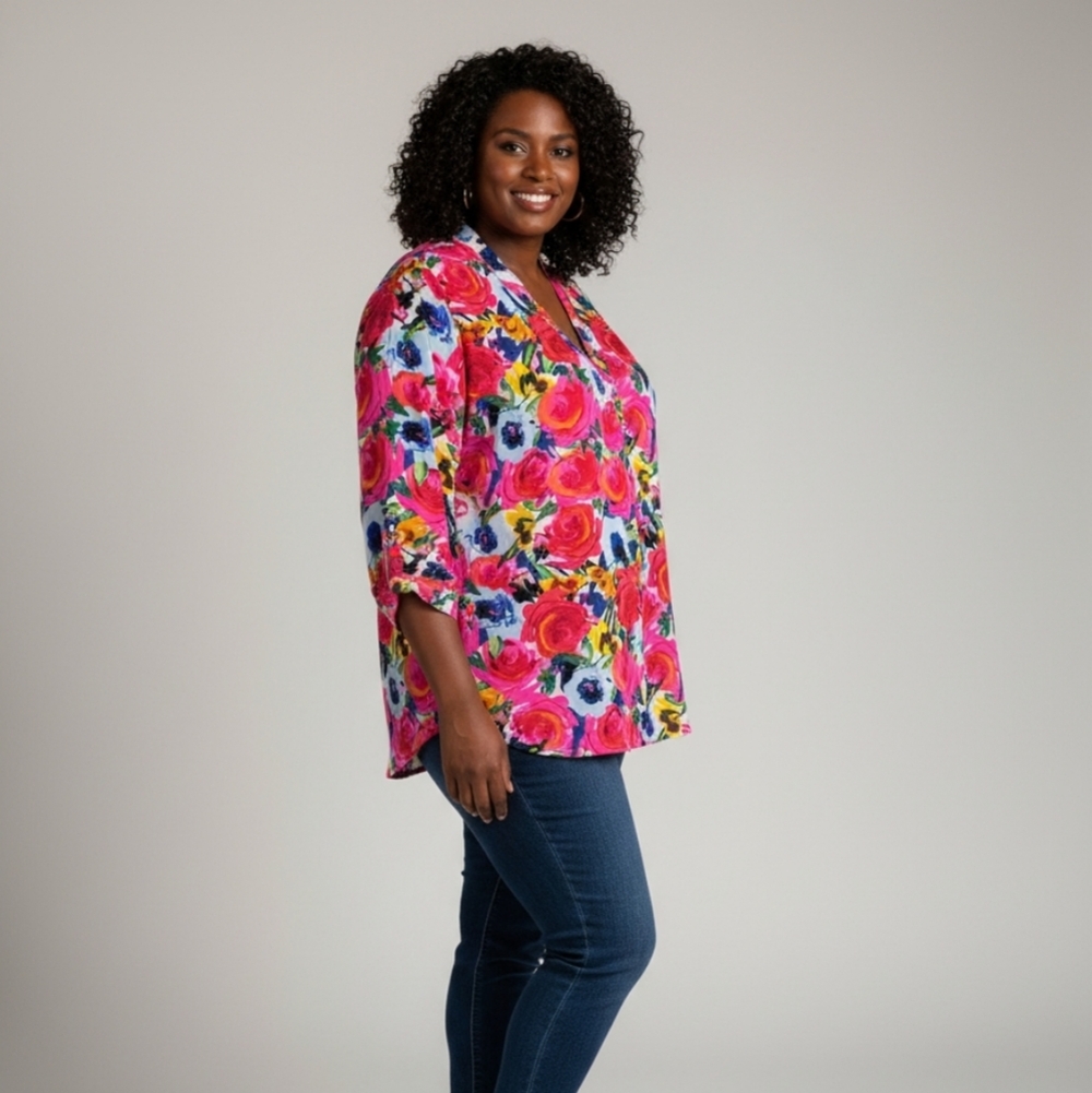 Investments Woman Floral Button Down Shirt - Pink, Blue, Yellow 2X‎